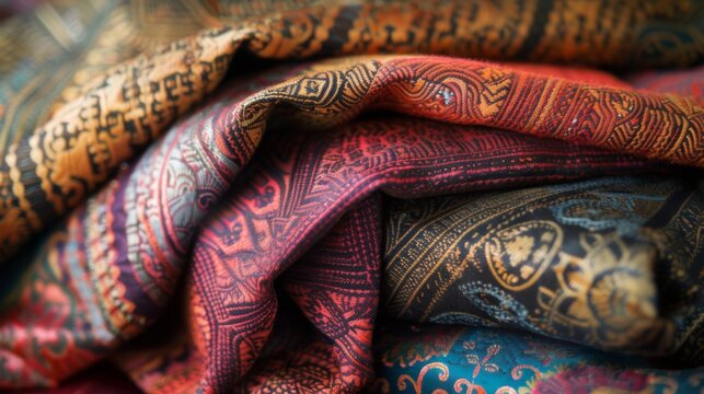 Indian fabric pattern. Traditional oriental beautifully folded textile with ornaments