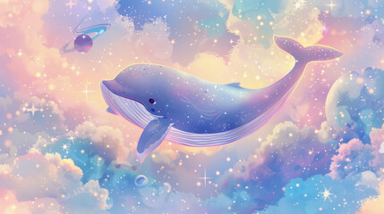 A charming cartoon whale floating among fluffy pastel colored clouds in a dreamy sky illustration