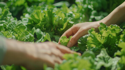 Naklejka na ściany i meble Farmerr hands gathering fresh hydroponic produce from a greenhouse in organic farm, smart farming concept