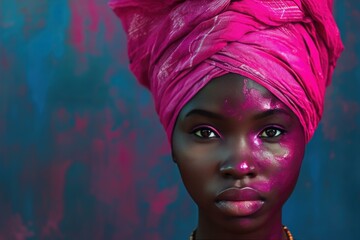 Exotic African woman pink bandage. Party glamour person female face art. Generate Ai