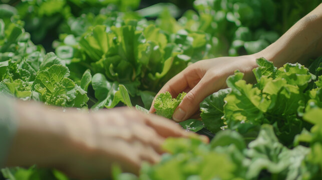 Farmerr hands gathering fresh hydroponic produce from a greenhouse in organic farm, smart farming concept