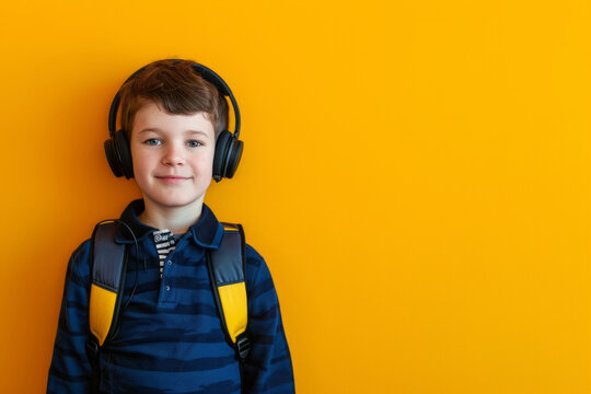 An american schoolboy stands on a yellow background with a backpack and wearing headphones, banner with  empty copyspace for text.