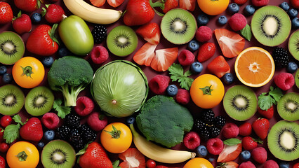fruits, berries, nuts, fish, vegetables. vegetarian background. a set of food