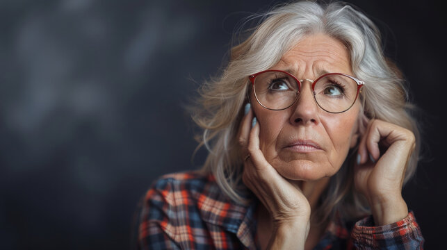 A woman wearing glasses is sitting at a table. She is looking down and is wearing a white shirt. a 50 year old lady looking confused because of too much realestate info its making her head hurt