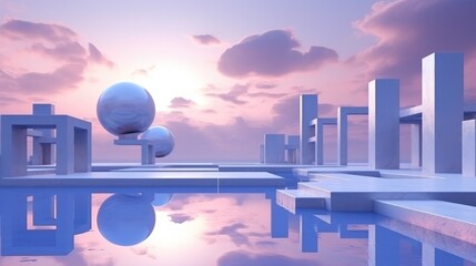3d Render pastel landscape background with architecture and geometric - obrazy, fototapety, plakaty