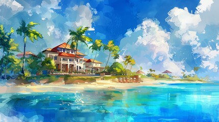 Fototapeta na wymiar restaurant on tropical beach with sea and trees in summer holiday. Cartoon or anime watercolor digital painting illustration style. 