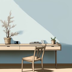 Olive: An office desk and chair with olive wall and a plant that sits on the shelf