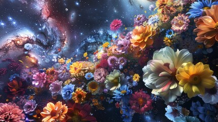 A concise depiction of a galaxy composed entirely of various types of flowers.	
