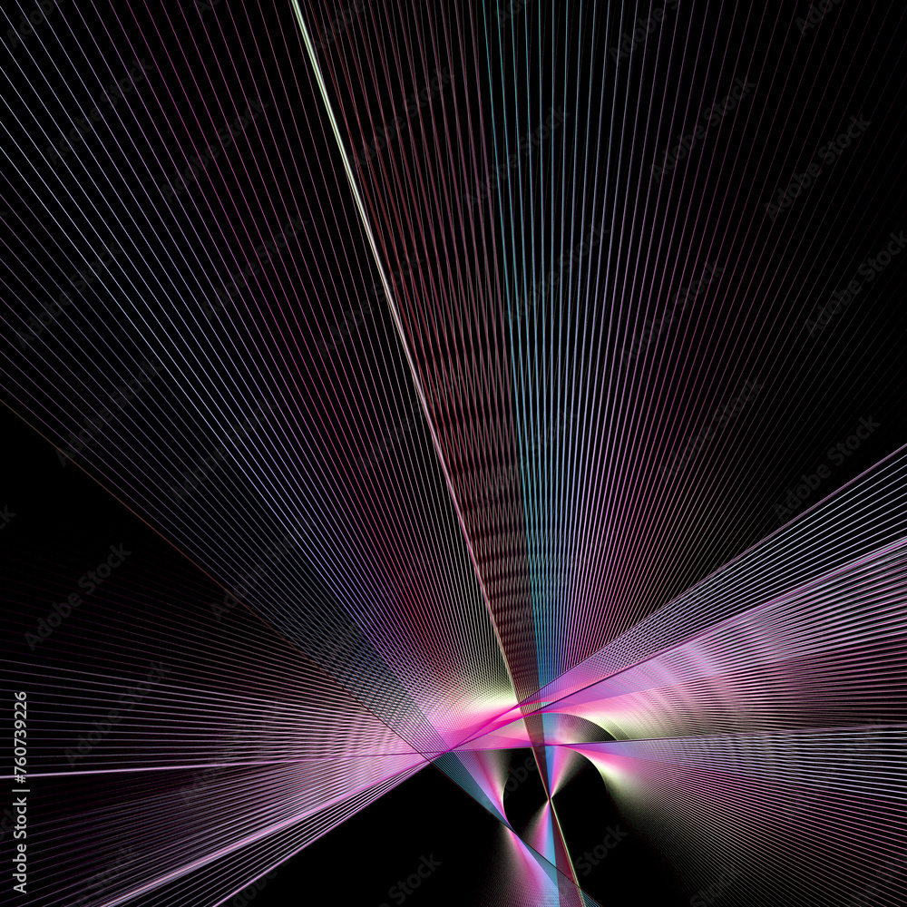 Poster rays of pastel colors radiate in a circle and cross a black background. abstract fractal background.