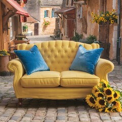 A yellow sofa with blue cushions in France.