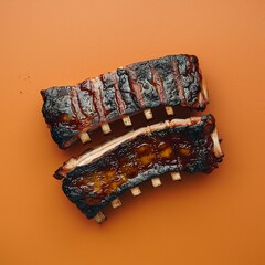 Barbecue grilled pork spare ribs. Orange background