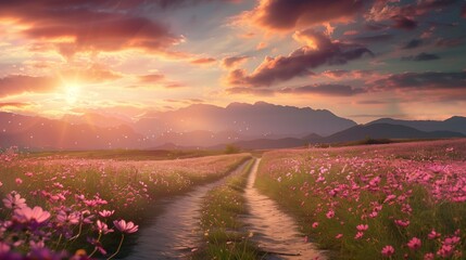 dirt road and beautiful cosmos flower field at sunset