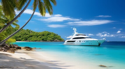 A luxurious yacht anchored in a tropical beach with clear blue ocean