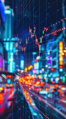 Neon-lit cityscape with superimposed stock market graphs