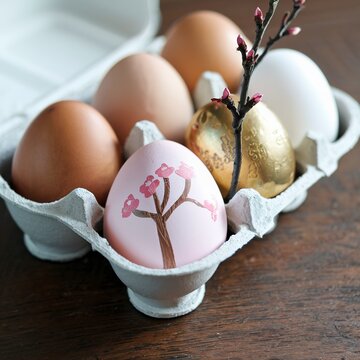 Easter eggs in egg carton. One egg painted by hand and cherry branch with buds that blossom..