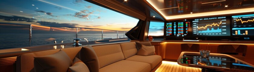 Luxurious yacht with a projected stock market dashboard