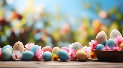 Fototapeta na wymiar Background of easter egg on rusty wooden table blur bokeh nature background. Easter Concept