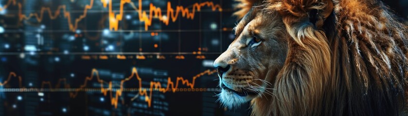 Majestic lion overlay with stock market graphs - obrazy, fototapety, plakaty