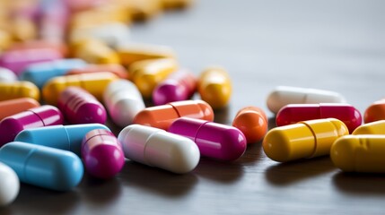 A variety of colorful pills and capsules displayed neatly - obrazy, fototapety, plakaty