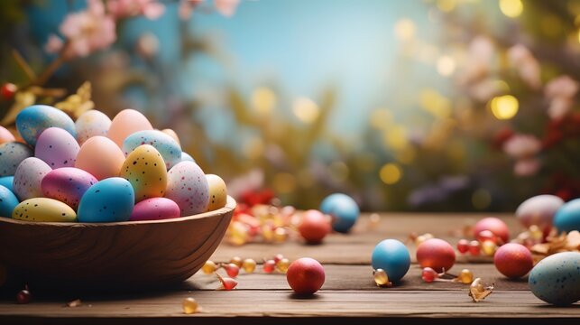 Wooden table with Easter eggs and blurred spring nature background
