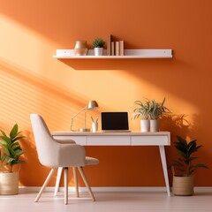 Orange: An office desk and chair with orange wall and a plant that sits on the shelf
