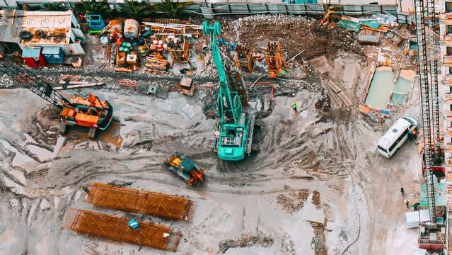 hyperlapse Development Multistorey Residential Building. excavator and other machinery with Workers are engaged in repairing development on construction site. timelapse time lapse flat view