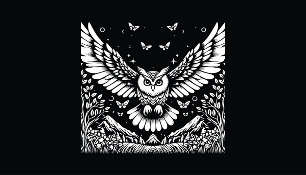 Owl flying, wings, floral design logo 