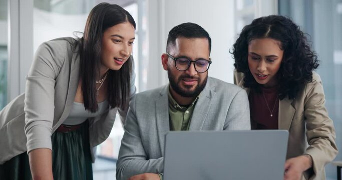 Team, office and pointing at laptop for planning in workplace, meeting and smile as employees or staff. Accountant, man and women talking and reading email of budget of business with technology