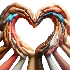 A heart made of many hands of different colors, isolate on white background.