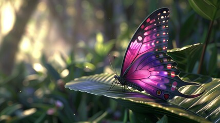 pink and purple butterfly on a leaf in tropical forest