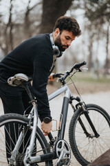 Fototapeta premium A business entrepreneur takes a break from work, enjoying a health-conscious lifestyle by cycling outdoors in a park setting.