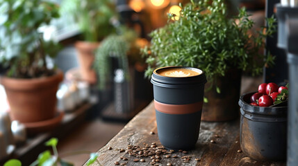 A cup of coffee sits on a wooden table next to a potted plant