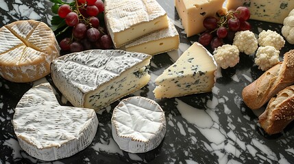 Cheese background. Beautiful assortment of cheeses and vegetables in vintage style on a marble background for design.