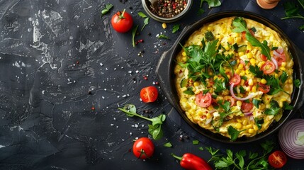 omelette scrambled vegetables and salad, healthy snack (corn, tomato, onion and other ingredients) menu concept background. top view. copy space