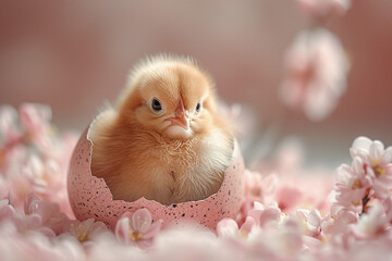 a cute chick in a cracked pink easter egg