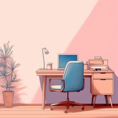 Pink: An office desk and chair with pink wall and a plant that sits on the shelf