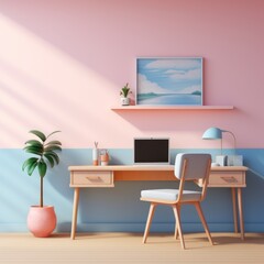Pink: An office desk and chair with pink wall and a plant that sits on the shelf