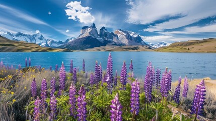Majestic mountain lake with lupins blooming
