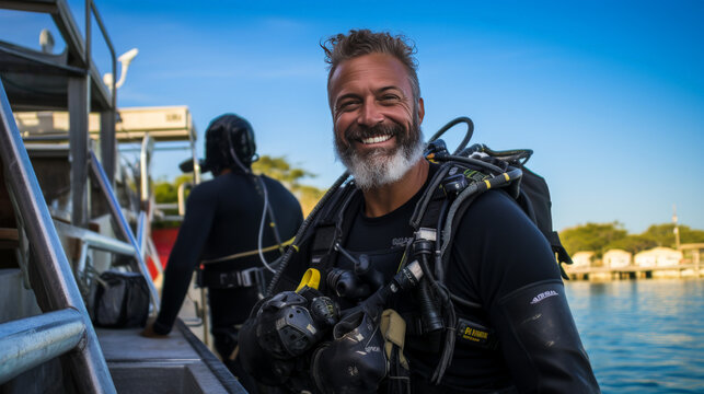 A man in a black wet suit is smiling and posing for a photo