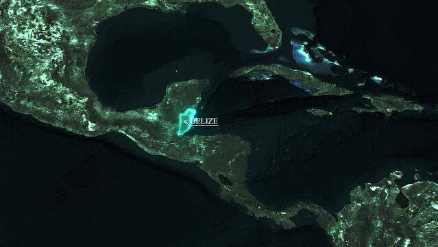 Satellite map animation showing Belize location, borders and surrounding Central American terrain