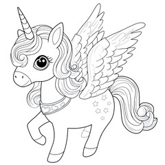 Cute unicorn with wings, coloring book, vector illustration - 760742604