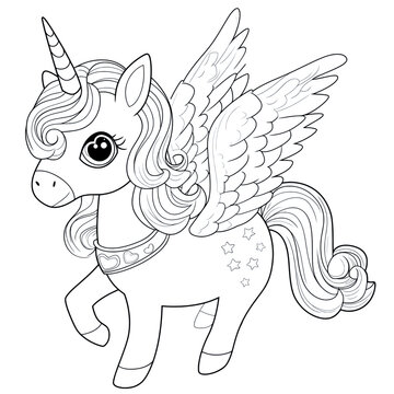 Cute unicorn with wings, coloring book, vector illustration