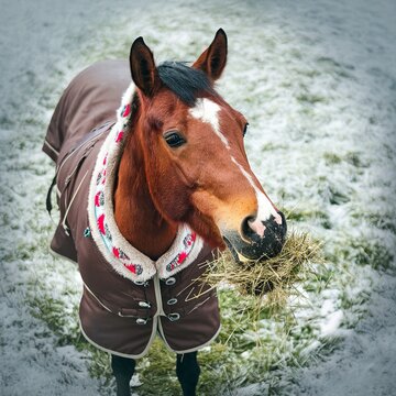 Brown horse wearing a coat and eating int the grass covered by snow