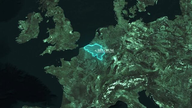 Satellite map animation showing Belgium location, borders and surrounding Western European terrain