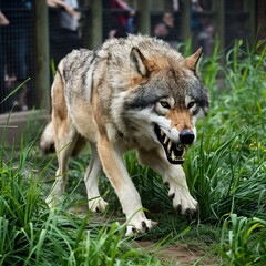 Naklejka na ściany i meble dangerous wolf walking grass zoo