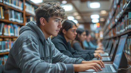 Focused Study: Students with Laptops in School Library
