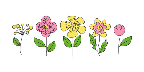 Abstract flowers. Drawings on white isolated background. For colorful greeting card, invitation. Set of colorful flowers in doodle style