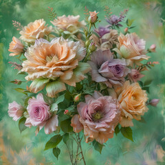 Close-up of Pastel Rose Bouquet on Green Background Gen AI