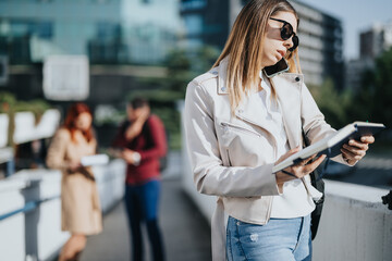 Diverse team in the city, brainstorming innovative business strategies. Collaboration, technology, and sustainability drive their success.