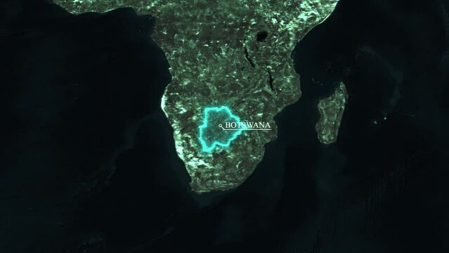 Satellite map animation showing Botswana location, borders and surrounding Southern African terrain